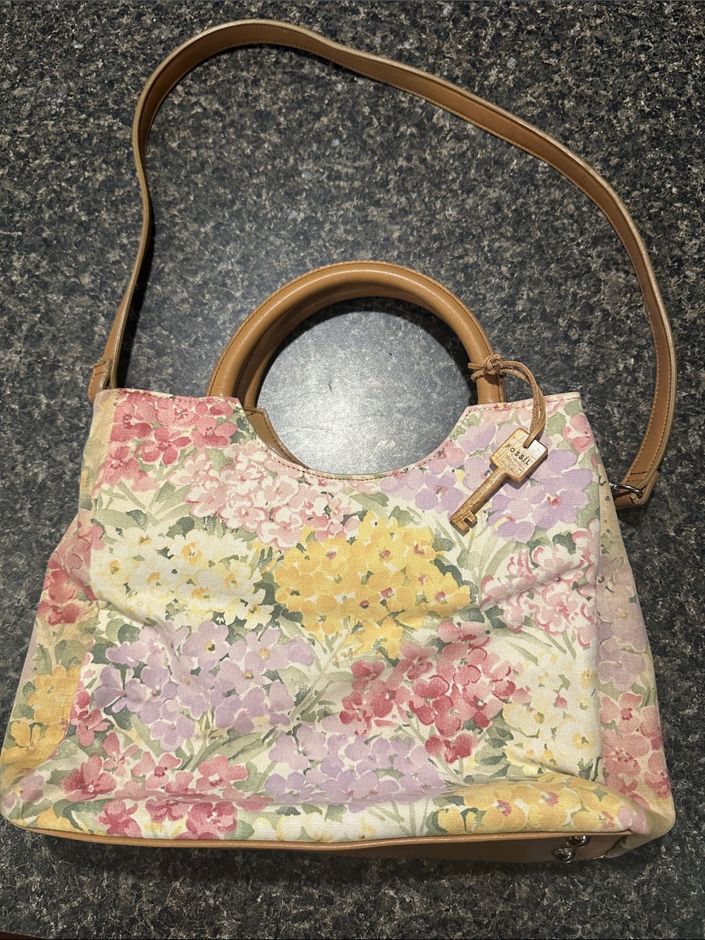 Floral Canvas Satchel with Tan Leather Handles
